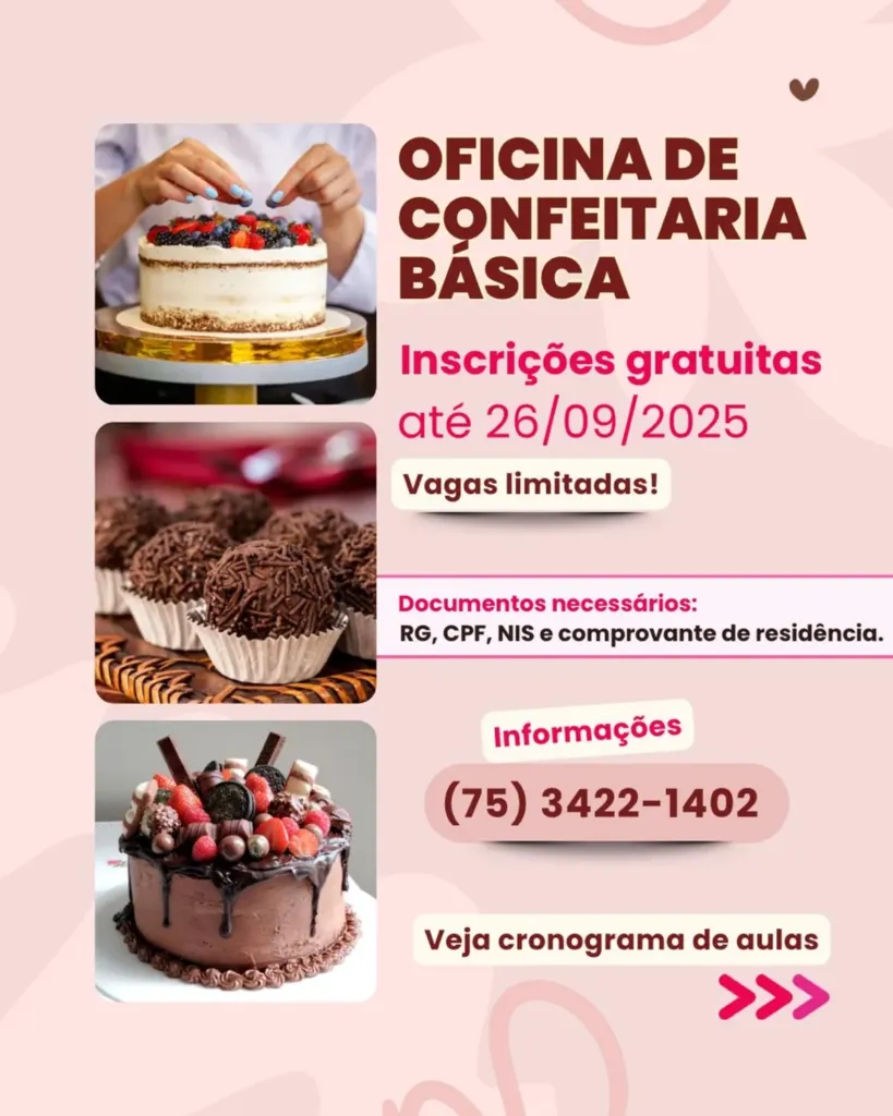 Inscrições abertas: oficina gratuita de Confeitaria Básica