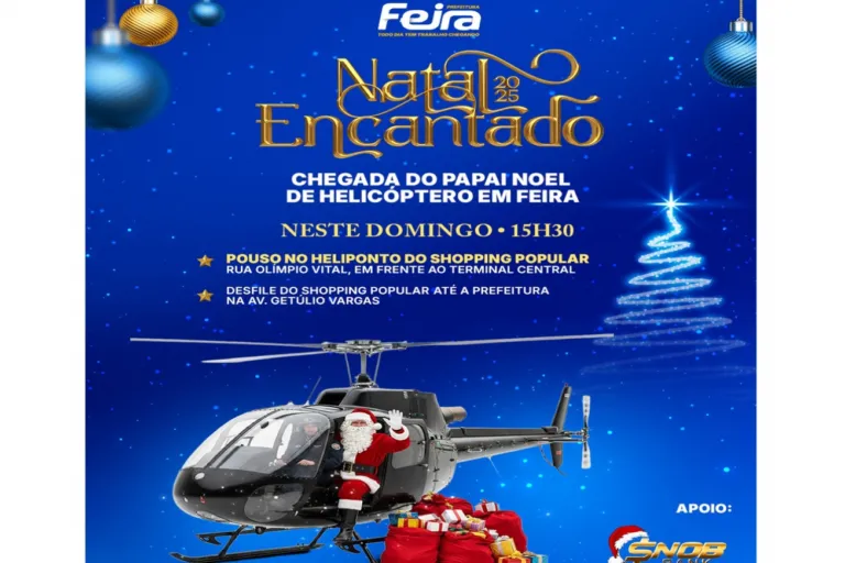 Papai Noel chega de helicóptero em Feira de Santana neste domingo