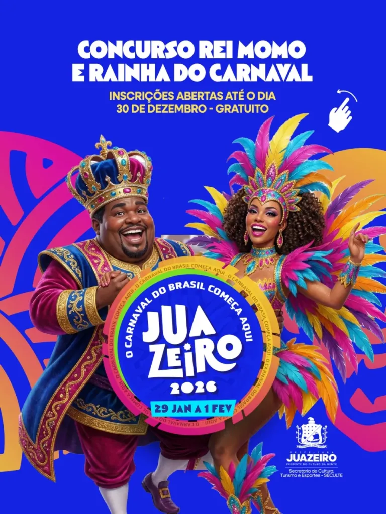 Inscrições seguem abertas para Rei Momo e Rainha do Carnaval 2026 em Juazeiro