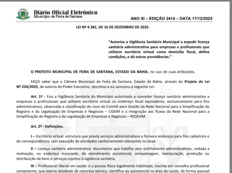 Vigilância Sanitária passa a conceder licença administrativa para empresas e profissionais com escritório virtual