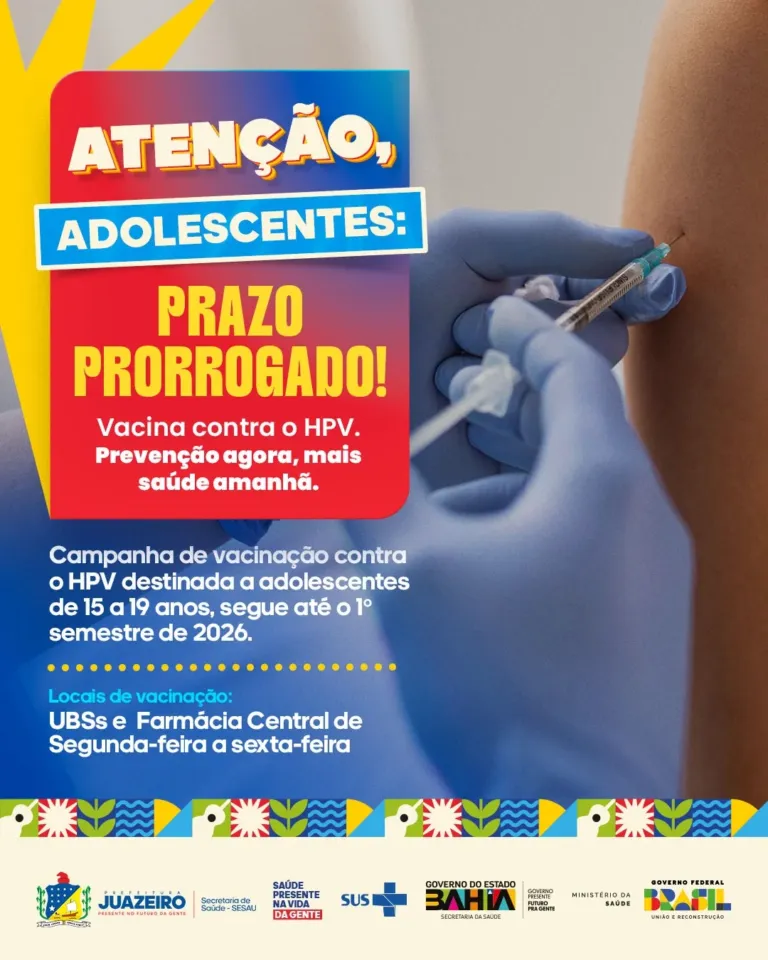 Prazo ampliado garante nova chance de vacinação contra o HPV para adolescentes e jovens em Juazeiro