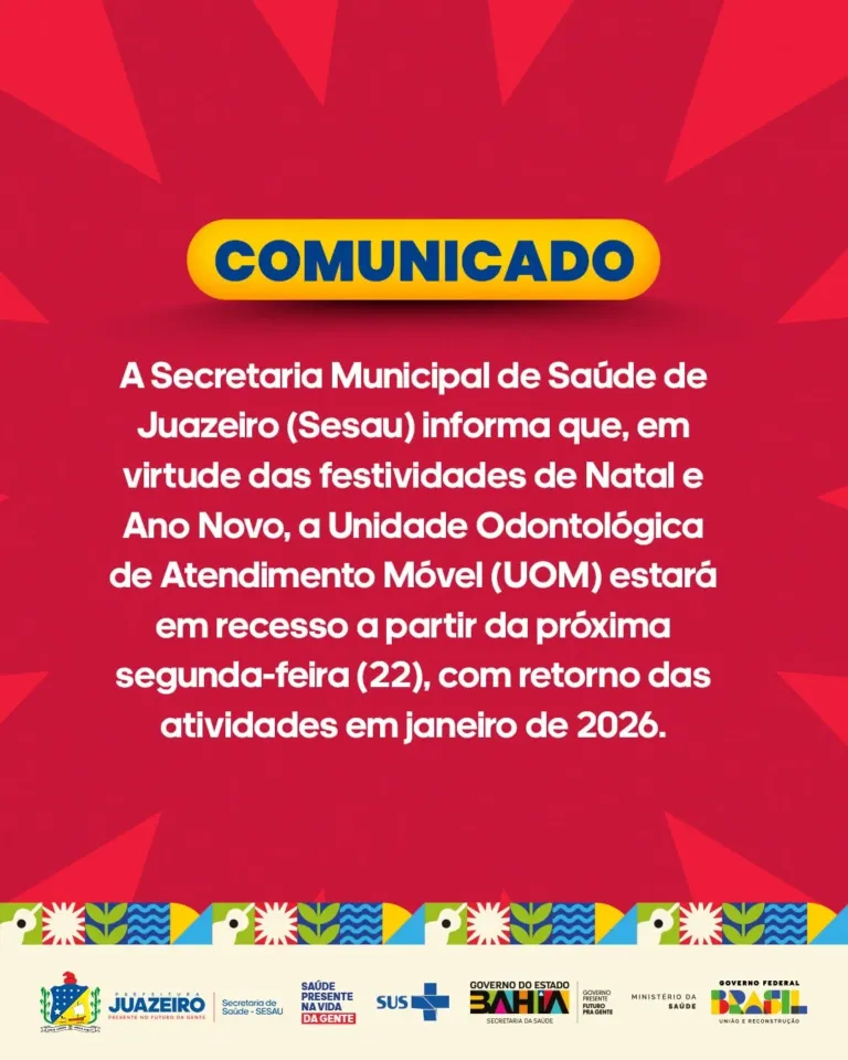 Sesau informa recesso da Unidade Odontológica de Atendimento Móvel durante as festas de fim de ano