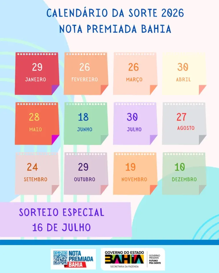Campanha Nota Premiada Bahia divulga calendário de sorteios para 2026
