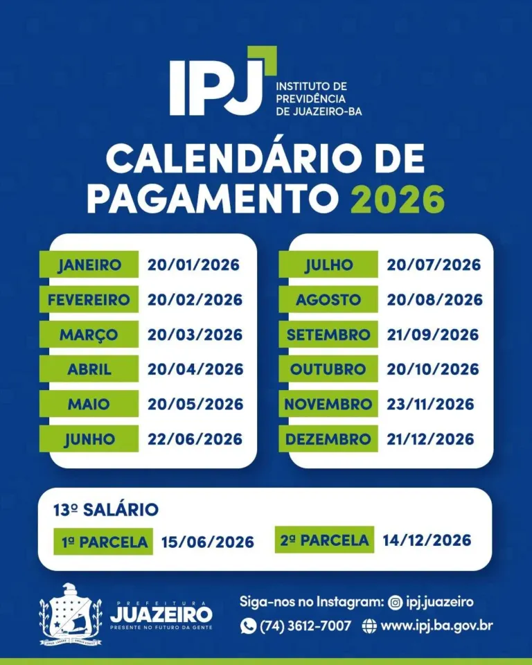 Instituto de Previdência de Juazeiro divulga calendário de pagamento para 2026
