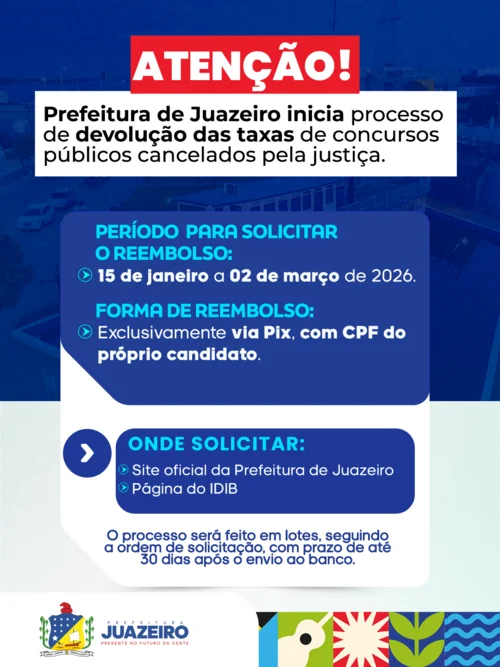 Prefeitura de Juazeiro inicia devolução das taxas de inscrição dos concursos cancelados e já registra mais de 3.300 pedidos