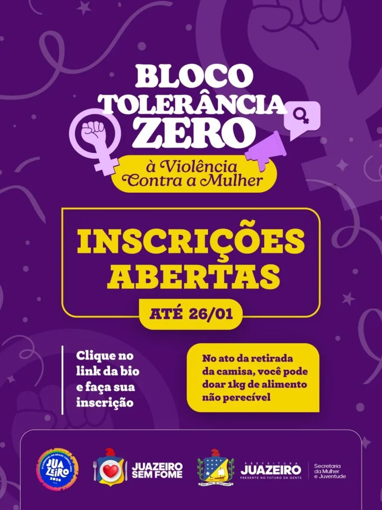 Prefeitura de Juazeiro abre inscrições para Bloco Tolerância Zero à Violência contra a Mulher