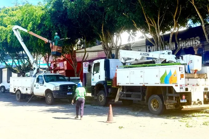 Secretaria faz poda de árvores e restauração de calçamento na Praça da Bandeira