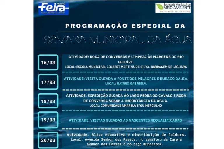 Semana Municipal da Água terá programação especial com atividades educativas e ambientais em Feira
