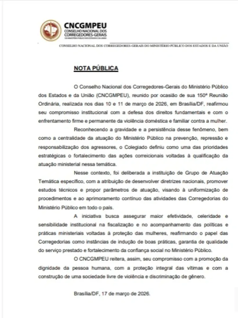 Conselho Nacional de Corregedores-Gerais do MP divulga nota pública