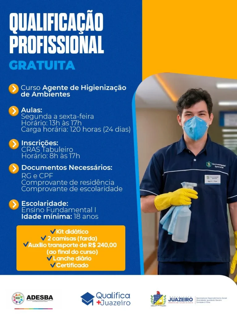 Inscrições gratuitas para curso de Agente de Higienização de Ambientes estão abertas no CRAS Tabuleiro