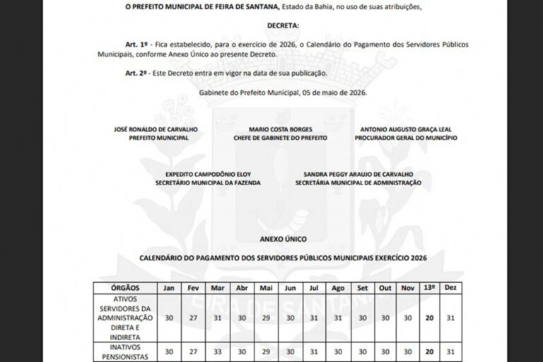 Prefeitura de Feira estabelece calendário de pagamento dos servidores para o exercício de 2026